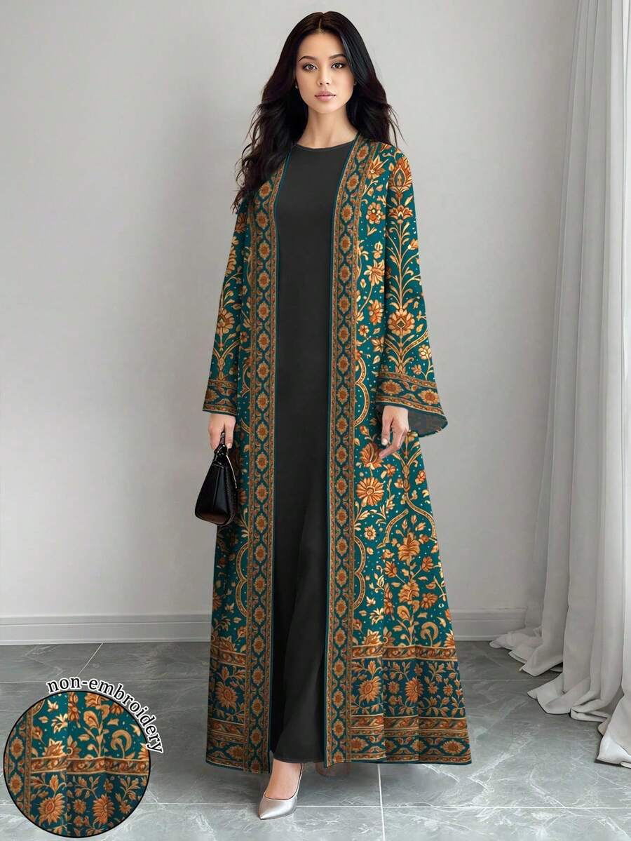SHEIN Najma 女士花卉数码印花波普艺术风格长袖休闲阿拉伯长袍开衫外套,春秋季 - 彩色 - 查看 1