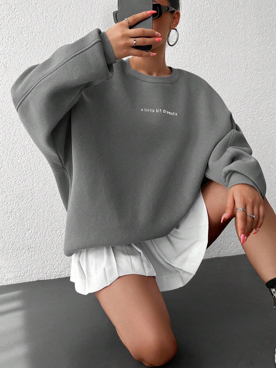 SHEIN Cottnline Sudadera Holgada Con Hombros Caídos Y Estampado De Eslogan - Gris - Ver 1