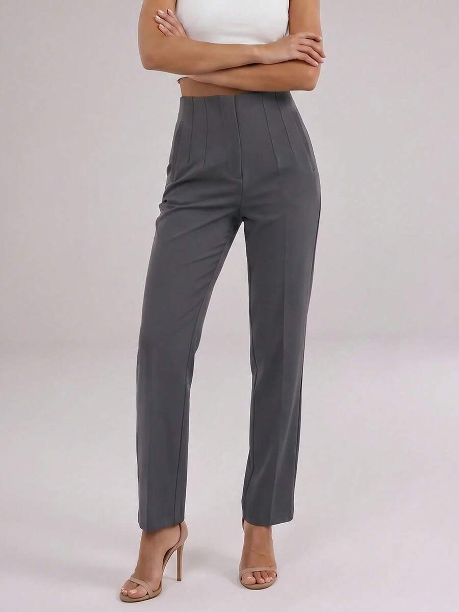 SHEIN Cottnline High Waist Seam Detail Cropped Suit Pants - Dark Grey - View 1