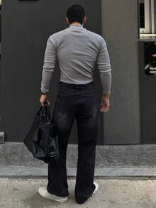 DAZY Slim Fit Half-Button Grey Letter Embroidery Raglan Sleeve Men's T-Shirt - Grey - View 2