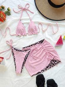 Soleia Plus Size Women Leopard Print Contrast Red Bikini 3 Pieces Set Plus Size Bathing Suits Women - Pink - View 2