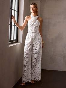 MOTF PREMIUM FASHIONABLE WAIST-CINCHED SLIMMING 3D FLORAL CROSS DESIGN WOMEN'S JUMPSUIT - White - View 6