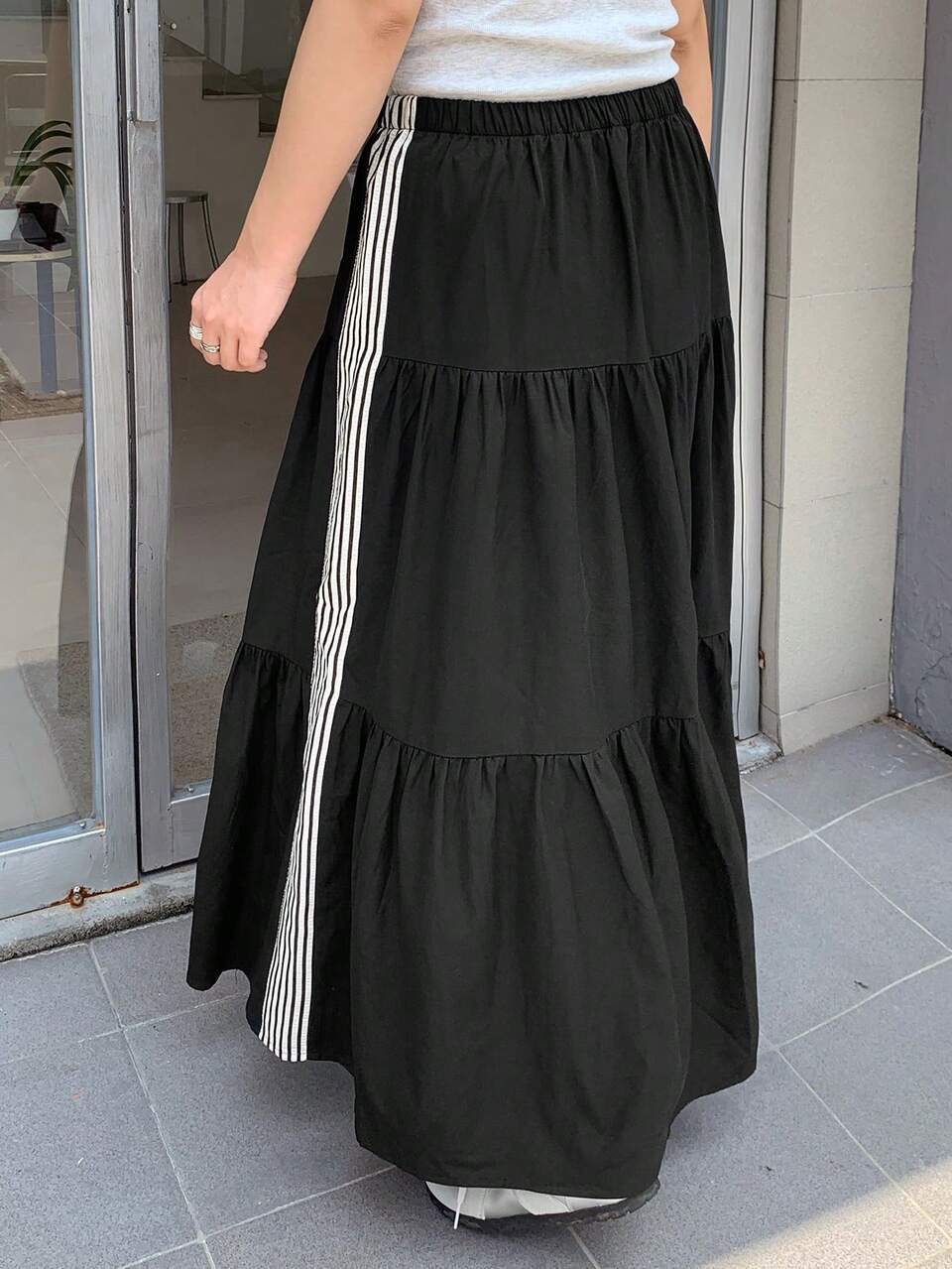 Dazy Plus Elastic Waist Colorblock Striped Webbing A-Line Preppy Versatile Horse Embroidery Pattern Long Skirt For Spring Summer Autumn Cute Tops