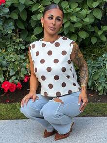 SAYEHFBABY Women's Chic Brown Polka Dot Sleeveless Top Casual Round Neck Summer T-Shirt Tank Cropped Yellow Vacation - Light Yellow - View 1