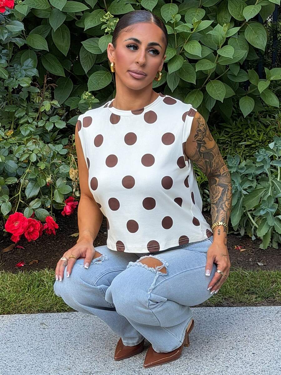 SAYEHFBABY Women's Chic Brown Polka Dot Sleeveless Top Casual Round Neck Summer T-Shirt Tank Cropped Yellow Vacation - Light Yellow - View 1