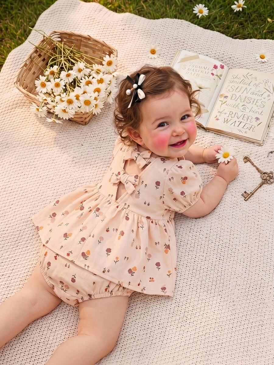 SHEIN 女嬰花卉印花圓領花瓣袖上衣與鬆緊腰短褲兩件套 - 彩色 - 查看 1