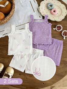 SHEIN Playful Pals 嬰兒夏季吊帶套裝，女嬰蝴蝶結波點荷葉邊無袖上衣與短褲2件套，兒童休閒套裝 - 紫色 - 查看 3