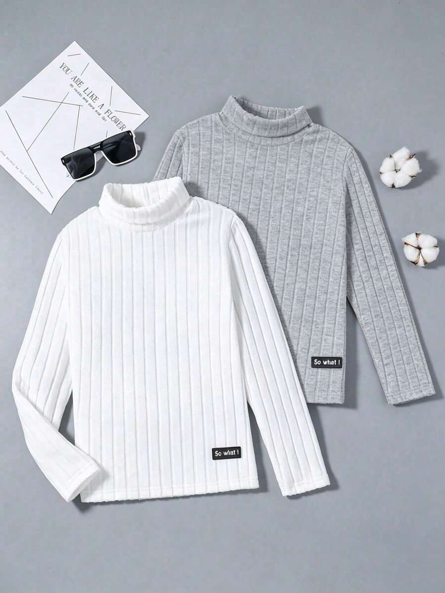 SHEIN 2 piezas Camiseta de cuello alto acanalada con detalle de parche de letras - Multicolor - Ver 1