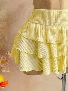Soleia 2pcs Set:Textured Knit Halter Neck Asymmetric Hem Top + Low Waist Layered Ruffle Hem Skirt,Pale Yellow Summer Casual Beach Holiday Vacation Holiday - Pale Yellow - View 3