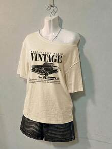 SHEIN EZwear 休閒極簡復古汽車滿版印花不對稱落肩短袖寬鬆女款T恤，適合夏季 - 杏色 - 查看 3