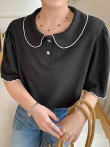 Dazy Plus Colorblock Peter Pan Collar Fitted Short Sleeve College Style Casual Black Spring/Summer T-Shirt - Black - View 3