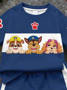 SHEIN | PAW Patrol 男嬰休閒簡約T恤套裝，適合夏季，撞色圖案印花，可愛小狗爪印，經典可愛勇敢卡通圖案印花，Chase、Rubble、小狗小隊圖案印花 - 彩色 - 查看 4