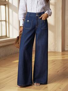 Selenza Women's Casual Versatile Everyday Denim Jeans With Pockets And Buttons Office Dark Blue Summer - Blue - View 8