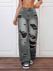 SHEIN ICON Damen-Jeans in großen Größen für den Sommer, avantgardistischer Streetstyle, mit Destroyed-Effekt und geradem Bein - Grau - Übersicht 6