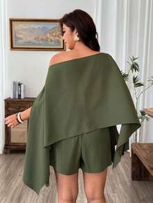 Weeklong Plus Size Women's Asymmetrical Design Top + Shorts 2 Pieces Set - Army Green - View 2