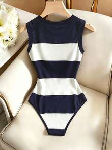 SHEIN Franclia 女款新款極簡時尚水鑽扣飾修身連身衣 - 藏蓝色 - 查看 2