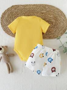 SHEIN Playful Pals Baby Boy Spring/Summer Fresh Cute Fun Yellow Romper With White Pants Set - Yellow - View 3