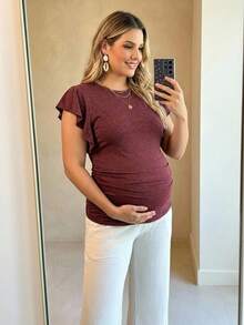 Plussiva Plus Size Maternity Solid Color Casual Versatile Everyday Top Maternity Photoshoot Summer - Burgundy - View 2