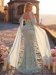 Glamrae Plus Size Elegant Classy Formal Luxurious Dusty Blue Cold Shoulder Hanging Sleeve 3D Floral Bead Sequin Lace Sexy Mermaid Evening Dress Wedding Winter - Baby Blue - View 4