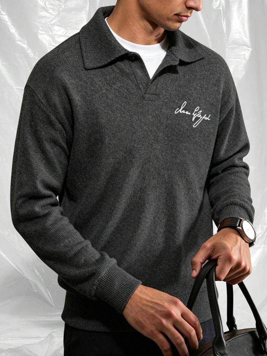 IRON GLYPH Men's Letter Print Long Sleeve Casual Commuter Polo Shirt, Formal - Black - View 1