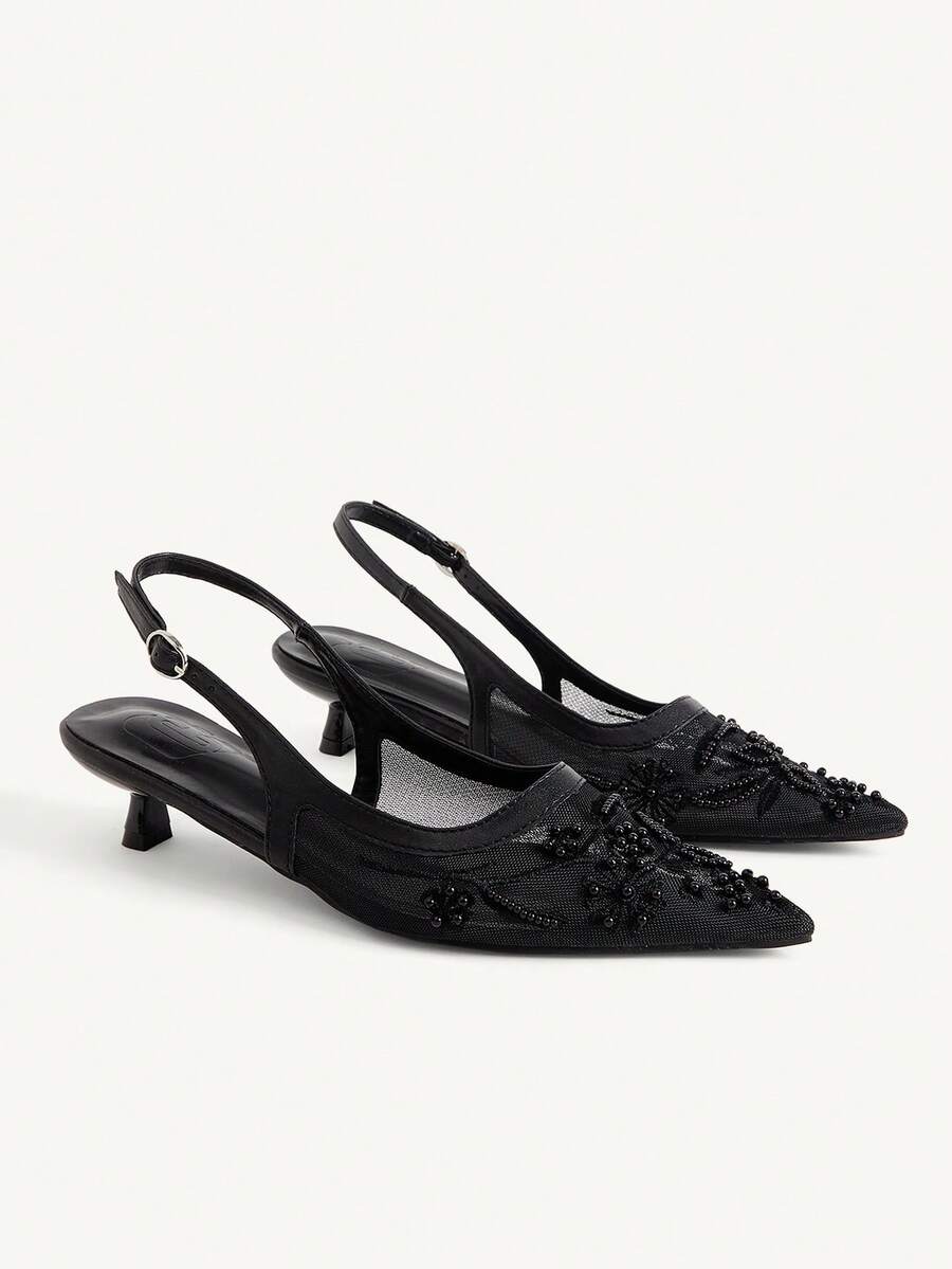 CUCCOO CHICEST 女款多色網布刺繡珠飾尖頭低跟後扣帶涼鞋,溫柔仙女風,春夏款,適合婚禮 - 黑色網 - 查看 1