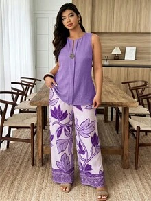Weeklong Women's Plus Size Spring/Summer Floral Print Button Decor Casual Vacation 2-Piece Set - Multicolor - View 5