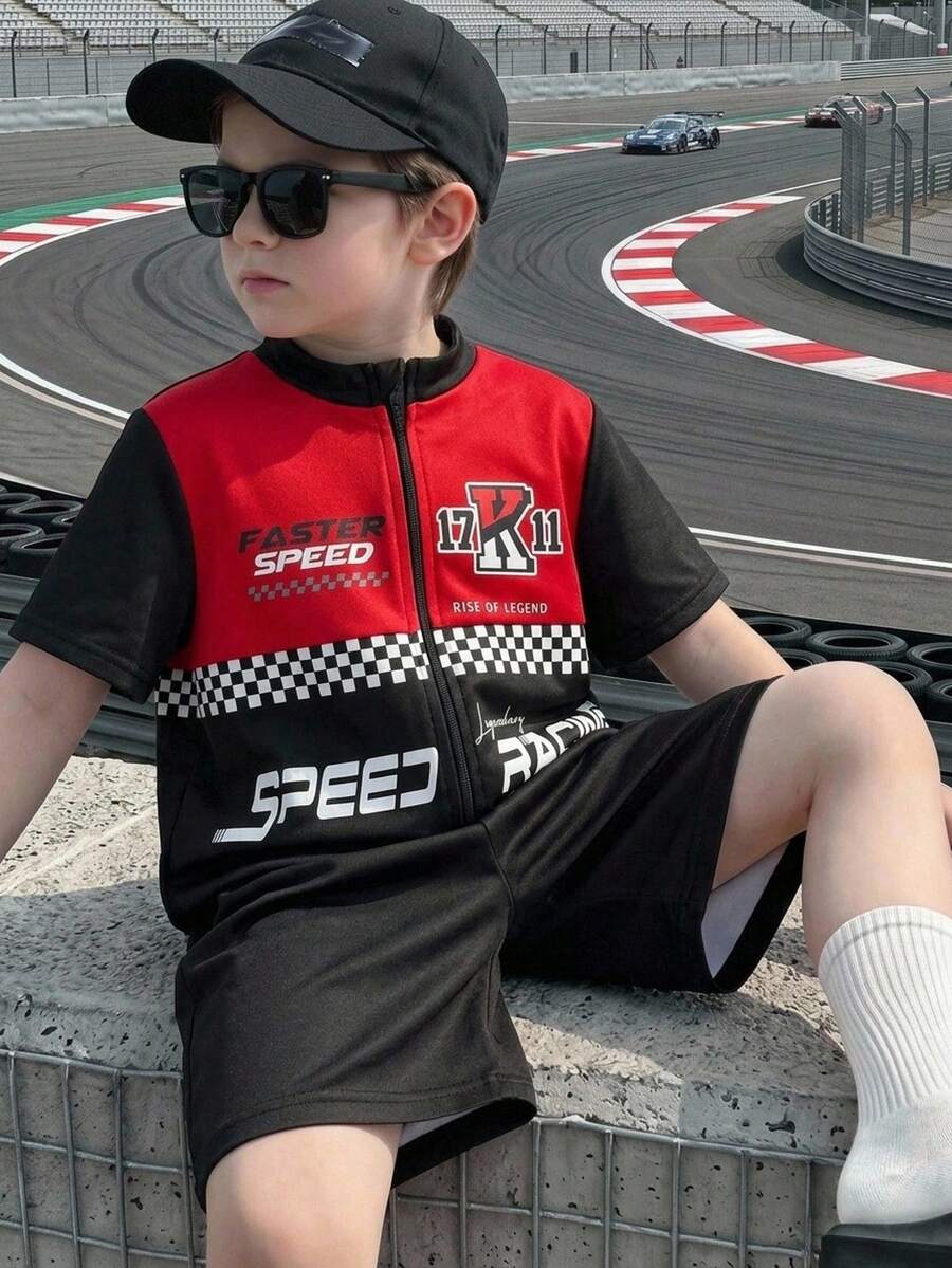 SHEIN 小男孩休閒運動拼接撞色立領短袖賽車服 機車服 F1賽車手連身衣 字母圖案針織柔軟小立領短袖連身短褲 適合外出、度假、旅行,春夏季穿著 - 彩色 - 查看 1