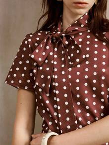Franclia Women's Tie Neck Short Sleeve Blouse Skirt Vintage 70s French 2 Pieces Set Office Garden Party Date Tea Party Brown And White Polka Dot Summer - Coffee Brown - View 2