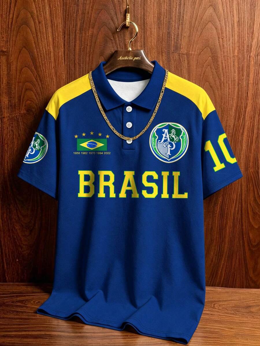 Manfinity Campus Court 復西 #10 藍黃條紋短袖球衣,寬鬆版型運動 T 恤,男士 Polo 衫,女士圖案 T 恤,夏季休閒度假上衣,足球 - 彩色 - 查看 1