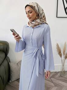 Solavon Women's Blue And White Stripe Long Sleeve Side Waist Knot Casual Modest Dress Office Autumn - Blue and White - View 1