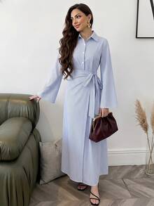 Solavon Women's Blue And White Stripe Long Sleeve Side Waist Knot Casual Modest Dress Office Autumn - Blue and White - View 3