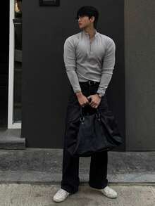 DAZY Slim Fit Half-Button Grey Letter Embroidery Raglan Sleeve Men's T-Shirt - Grey - View 4