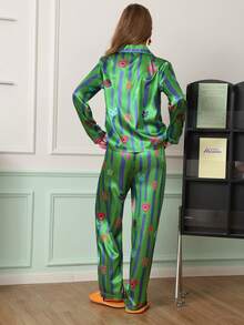 Chillnights Young Colorblock Cat Doodle Flower Planet Stripe Print Lapel Button Satin Women's Pajama Set - Green - View 2