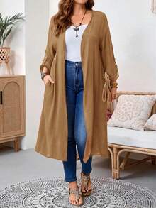 SHEIN Tall CURVE 大尺碼女款外套 秋季上衣 辦公正式風 機場度假 婚禮穿搭 外出休閒 牛仔優雅駱駝色 - 卡其色 - 查看 3