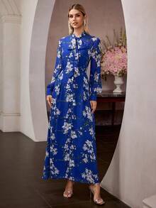 MOTF Soiréza ELEGANT WOMEN'S LONG SLEEVE LANTERN SLEEVE MAXI PARTY GOWN WITH TIE NECKLINE & RANDOM FLORAL PRINT , PERFECT FOR VALENTINE'S DAY , EVENING GALAS, WEDDING GUEST ATTIRE, ANNIVERSARY CELEBRATIONS, PROM NIGHTS, HOLIDAY BASHES, ELEGANT BIRTHDAY CELEBRATIONS - Royal Blue - View 7