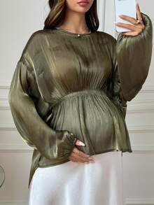 DAZY Chiffon Blouse Solid Color Shawl Design Asymmetrical Hem Elegant Commute Ruffle Waist Long Sleeve Maternity Top - Olive Green - View 4
