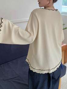 Dazy Plus Plus Size Solid Color Casual Loose Patchwork Double Layer Frill Trim Elegant Versatile Spring Summer Autumn 5-Sleeve T-Shirt Long Sleeve - Apricot - View 8