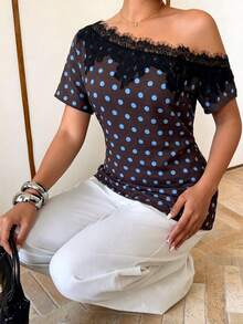 Elenzga Women's Spring/Summer New Elegant Coffee Brown Base Blue Polka Dot Vintage Minimalist Casual Draped Fitted Slimming Flattering Asymmetric Diagonal Short Sleeve Top With Lace Trim - Multicolor - View 4