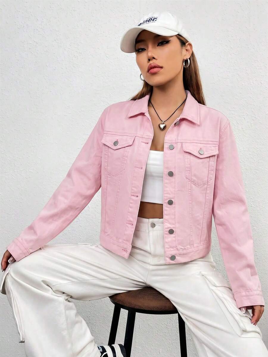 SHEIN EZwear 女款單排扣休閒百搭日常穿著長袖牛仔外套 - 粉色 - 查看 1
