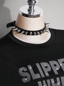 SHEIN ICON Body 2 en 1 de mujer talla grande estilo Y2K sexy con encaje, estampado de eslogan y diseño punk streetwear - Negro - Ver 6