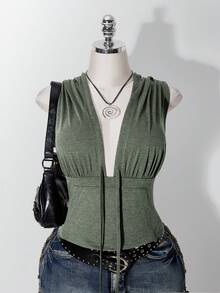 SHEIN ICON 大尺碼 Y2K 軍綠色連帽無袖收腰口袋背心，深 V 領連帽上衣 - 軍綠色 - 查看 5