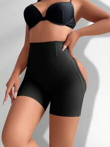 SHEIN Calzoncillos tipo bóxer de cintura alta con control de abdomen y moldeado para mujer, unicolor - Negro - Ver 4