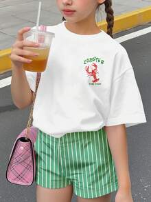 拼色復古海灘風龍蝦條紋圖案少女寬鬆圓領短袖T恤與短褲隨機3款組，發貨1套 - 白色 - 查看 4
