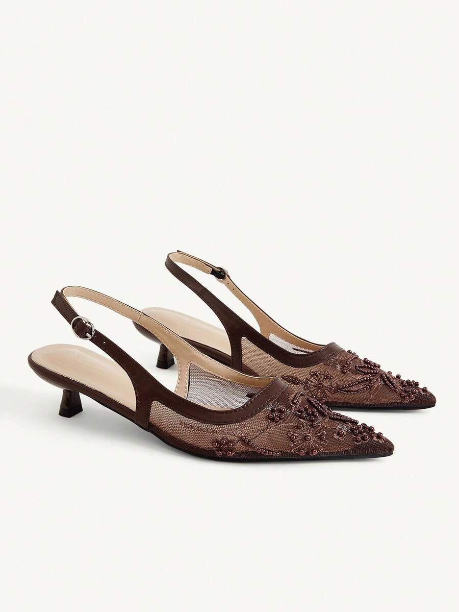 CUCCOO CHICEST 女款多色網布刺繡珠飾尖頭低跟後扣帶涼鞋,溫柔仙女風,春夏款,適合婚禮 - 深棕色1 - 查看 1