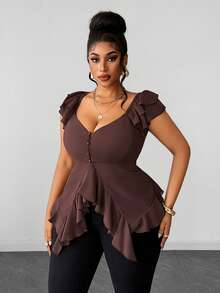 Maweii Plus Size French Fashion Button Ruffle Hem Elegant Blouse - Redwood - View 6