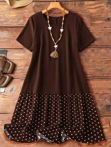 EMERY ROSE Plus Size Women's Patchwork Polka Dot Pattern Ruffle Hem Short Sleeve Dress - Coffee Brown - View 1