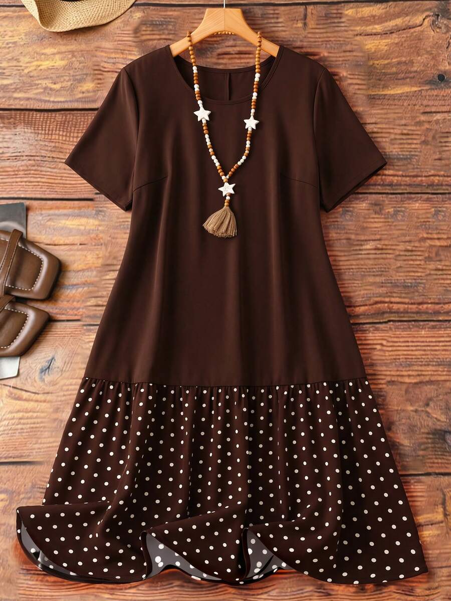 EMERY ROSE Plus Size Women's Patchwork Polka Dot Pattern Ruffle Hem Short Sleeve Dress - Coffee Brown - View 1