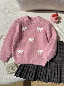 SHEIN 女童圓領粉色毛衣，3D刺繡白色蝴蝶結，柔軟針織套頭上衣，可愛甜美簡約長袖，適合秋冬居家、外出、派對、拍照、戶外玩耍 - 粉色 - 查看 4