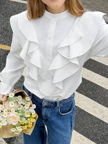 SHEIN 青少年女孩休閒優雅純白色層次荷葉邊襯衫，純白色上衣，優雅白色襯衫，學院風，返校季，長袖白色襯衫 - 白色 - 查看 6