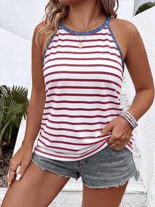 EMERY ROSE Plus Size Women's Faux Denim Print Casual Versatile Striped Halter Neck Tank Top - Multicolor - View 4